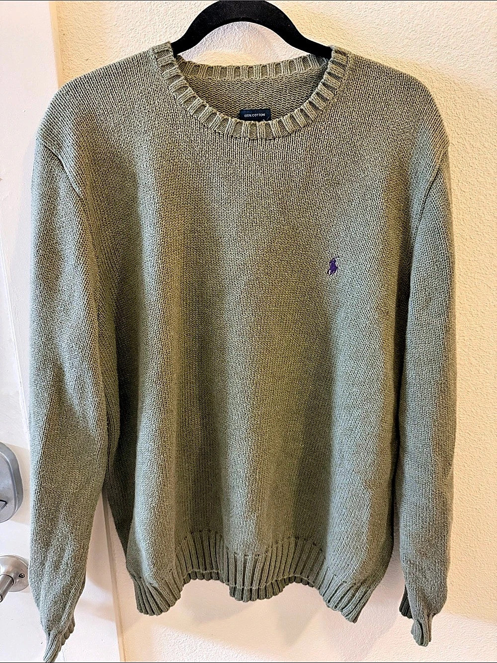 Polo Ralph Lauren Olive Green Cotton Crewneck Sweater Purple Pony Men’s L
